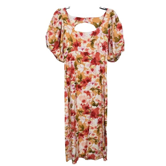 Moon River Linen Blend Midi Dress Small Orange Multicolor Floral Puff Sleeve - Picture 2 of 10